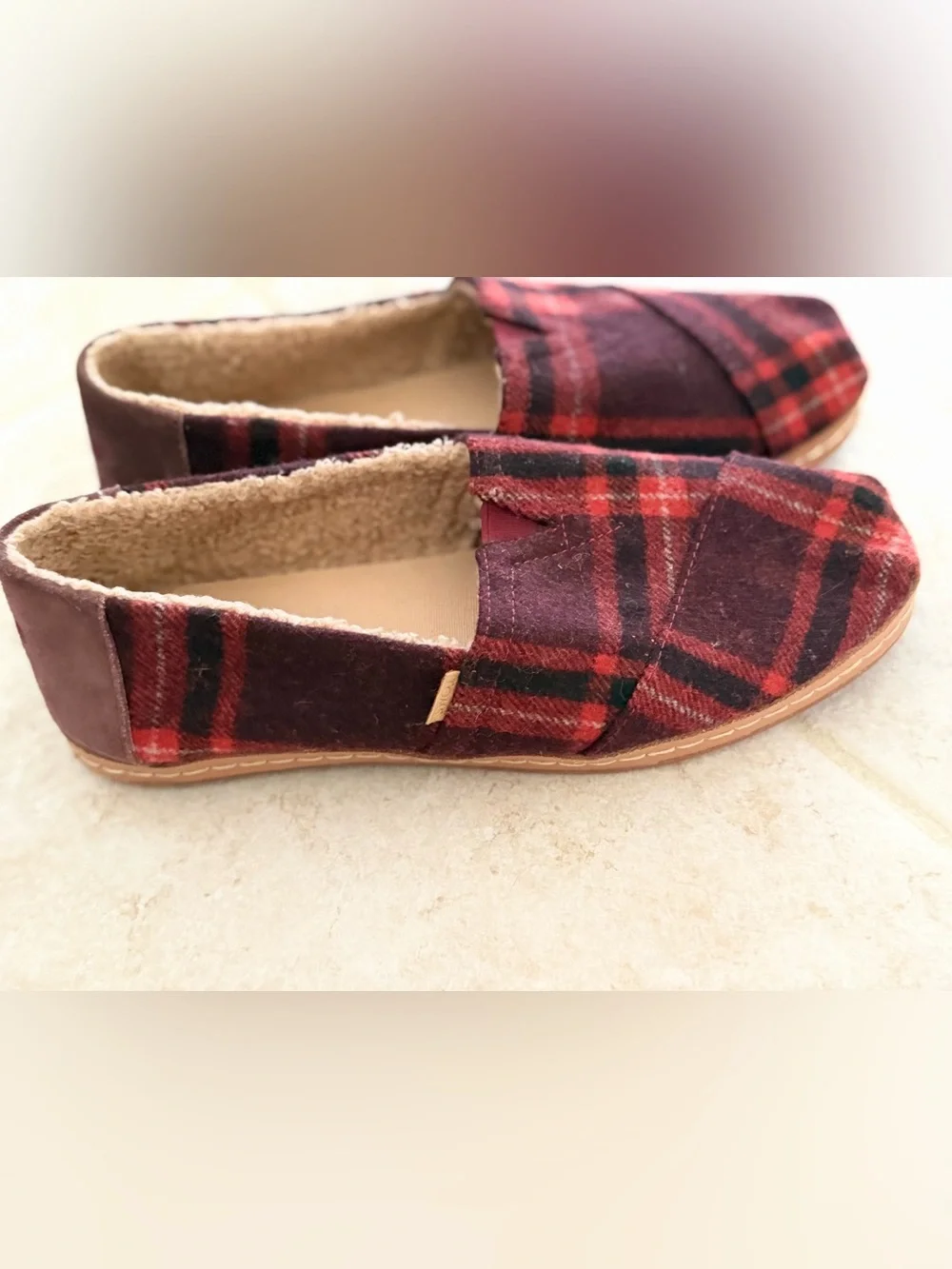 Toms Burgundy and Red Plaid Slip-On Flats with shearling lining